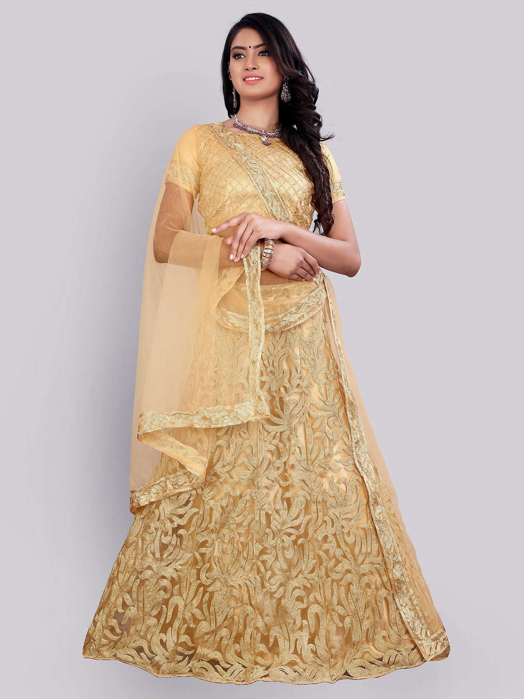 

JSItaliya Beige Embroidered Thread Work Semi-Stitched Lehenga & Unstitched Blouse With Dupatta
