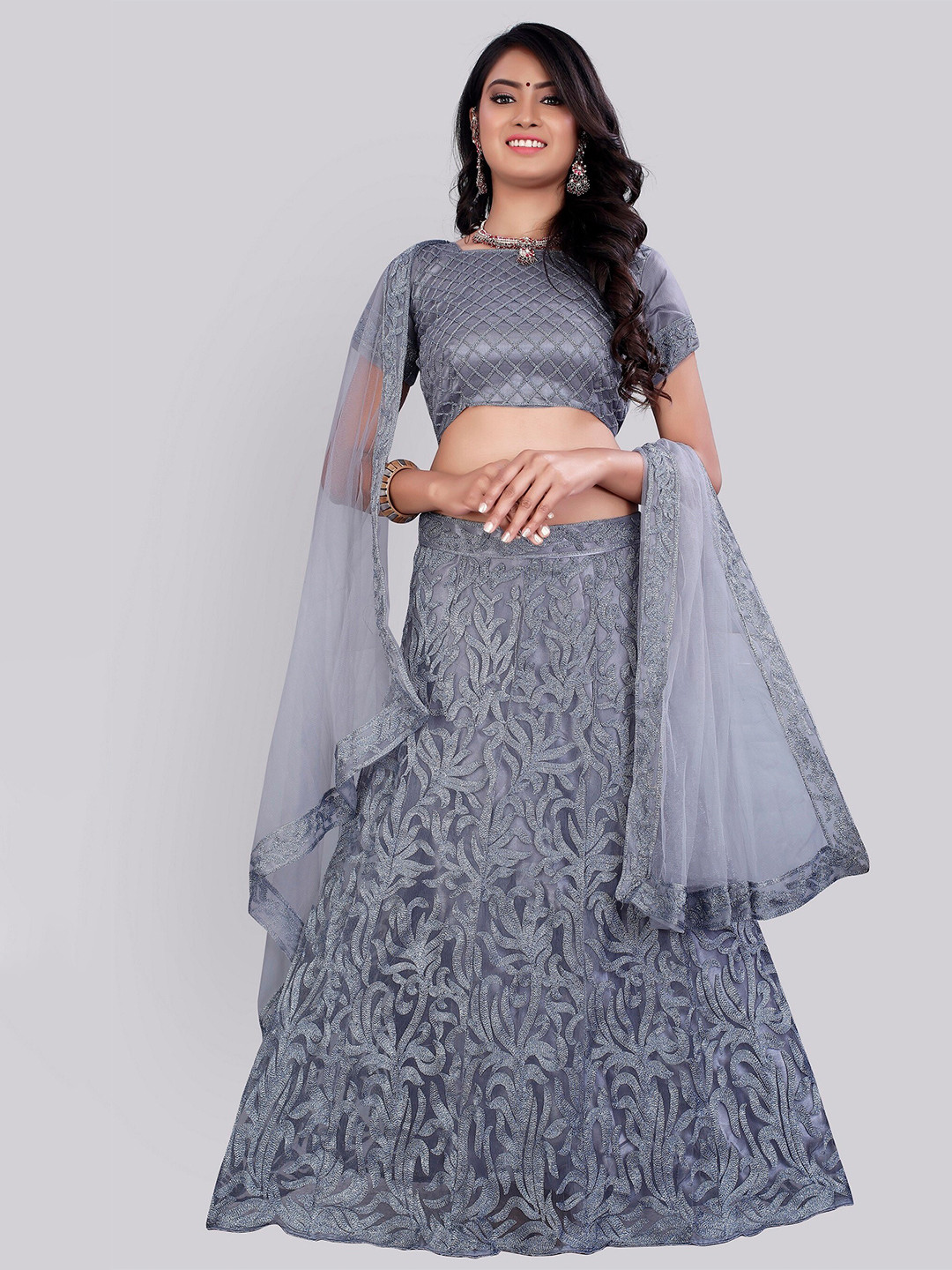 

JSItaliya Grey Embroidered Semi Stitched Lehenga And Unstitched Blouse With Dupatta