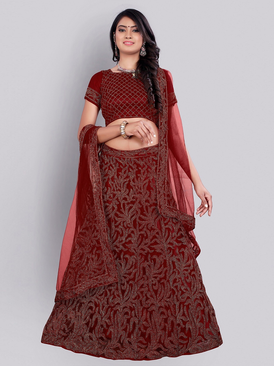 

JSItaliya Maroon & Gold-Toned Embroidered Semi-Stitched Lehenga & With Dupatta Set