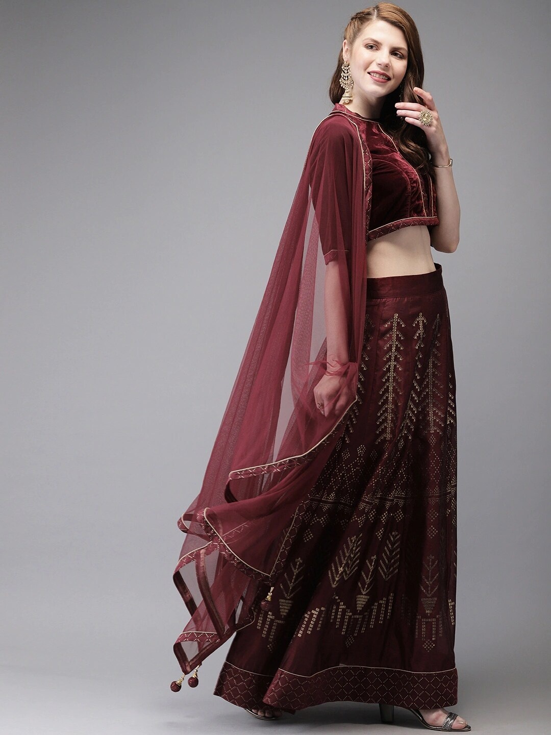 

JSItaliya Maroon & Gold-Toned Printed Foil Print Semi-Stitched Lehenga & Unstitched Blouse With Dupatta
