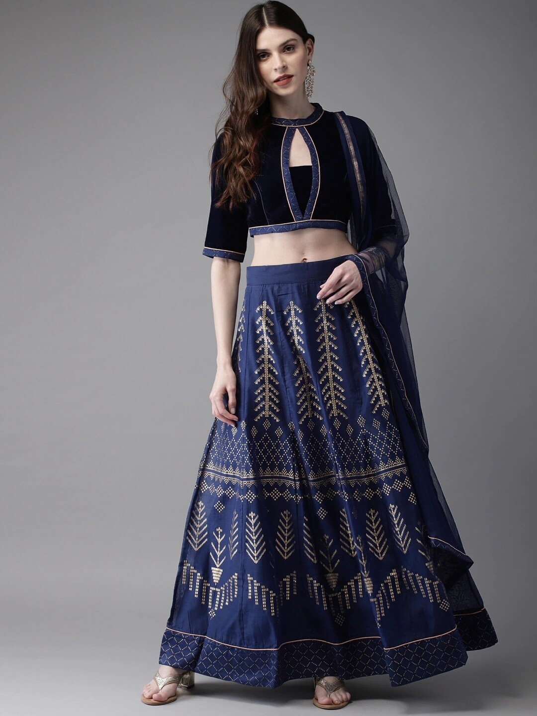 

JSItaliya Navy Blue Patchwork Foil Print Semi-Stitched Lehenga & Unstitched Blouse With Dupatta