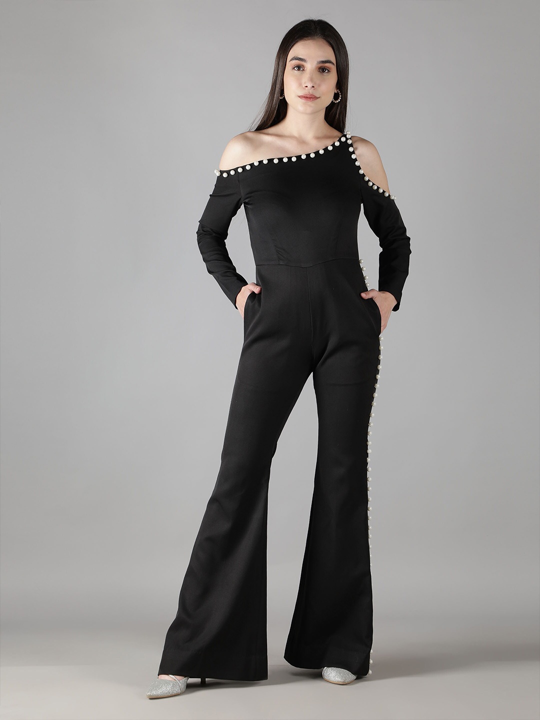 

SHABERRY Women Black One Off-shoulder Organic Cotton Culotte Jumpsuit