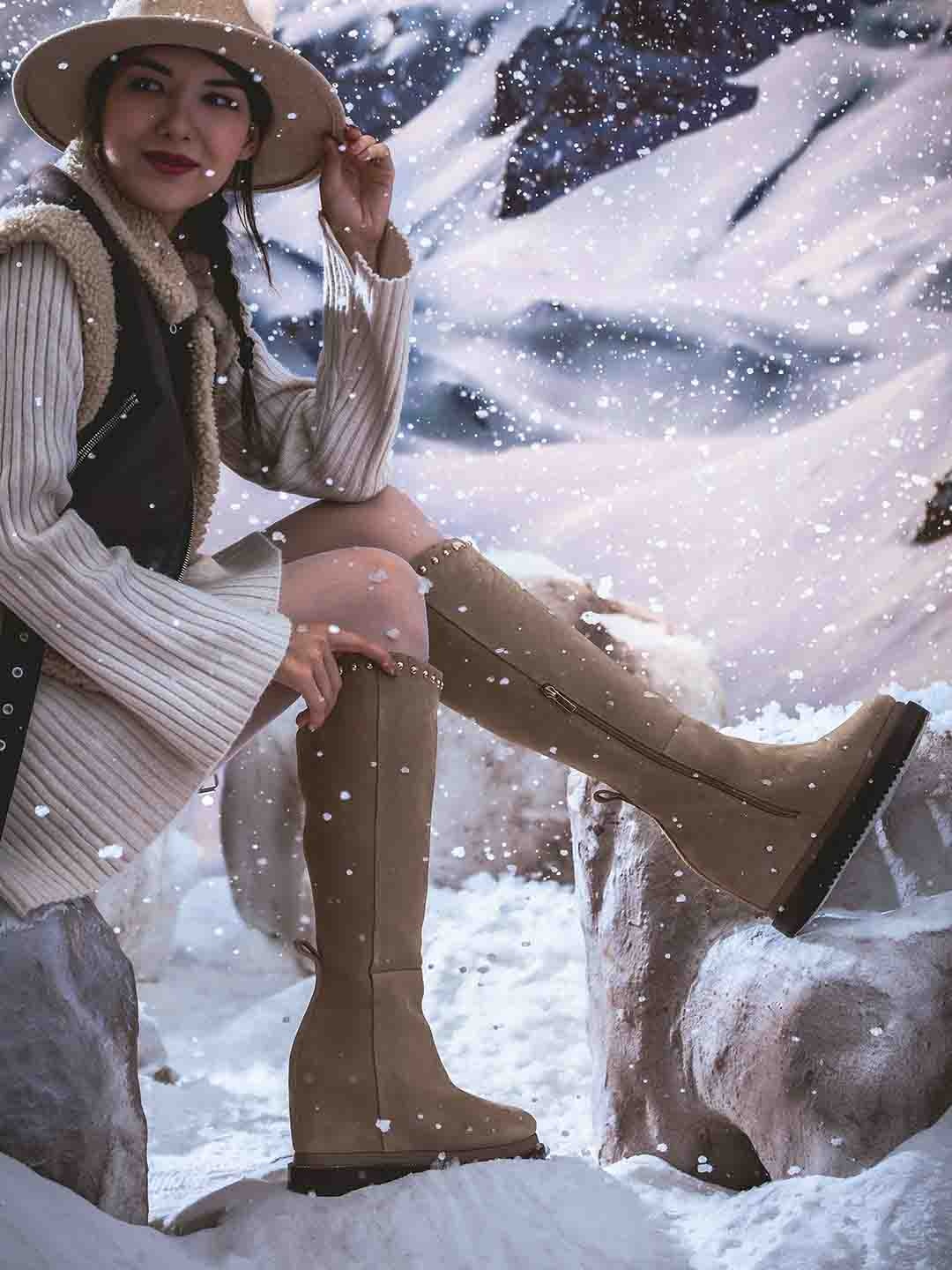 

Saint G Suede Leather Metal Studded Inside Wedge Heel Long Boots, White