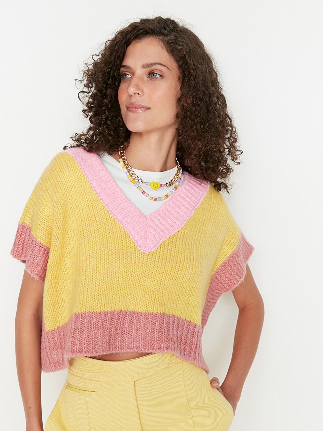 

Trendyol Women Yellow & Pink Colourblocked Crop Sweater Vest