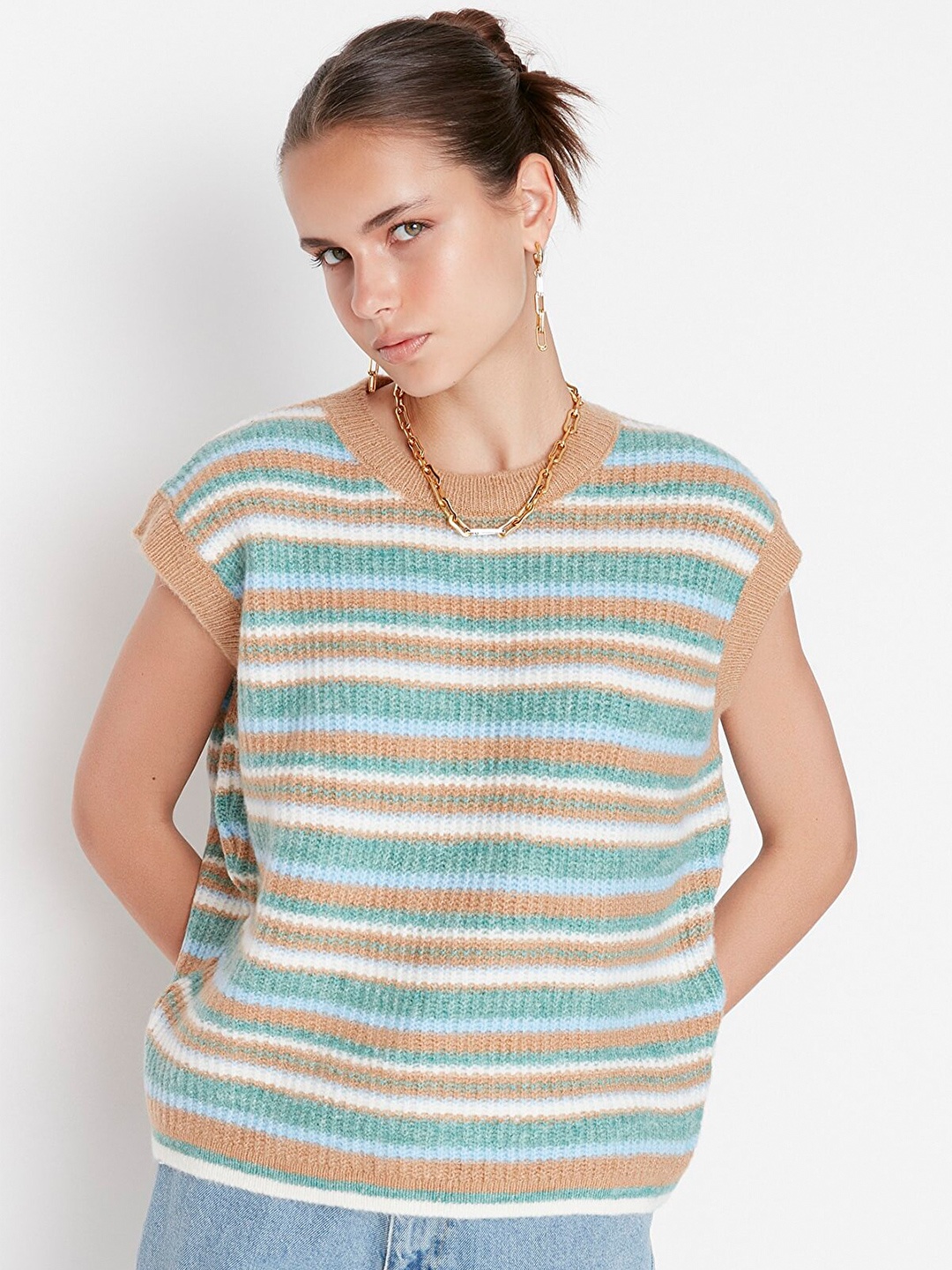 

Trendyol Women Camel Brown & Blue Striped Striped Sweater Vest