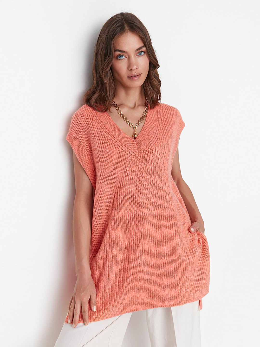 

Trendyol Women Pink Ribbed Longline Pullover