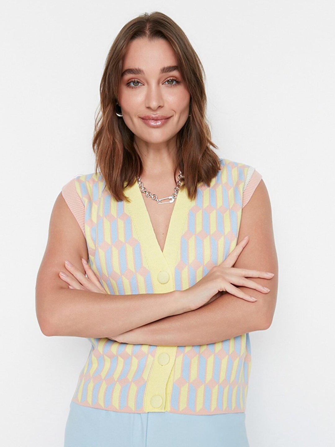 

Trendyol Women Yellow & Blue Printed Cardigan