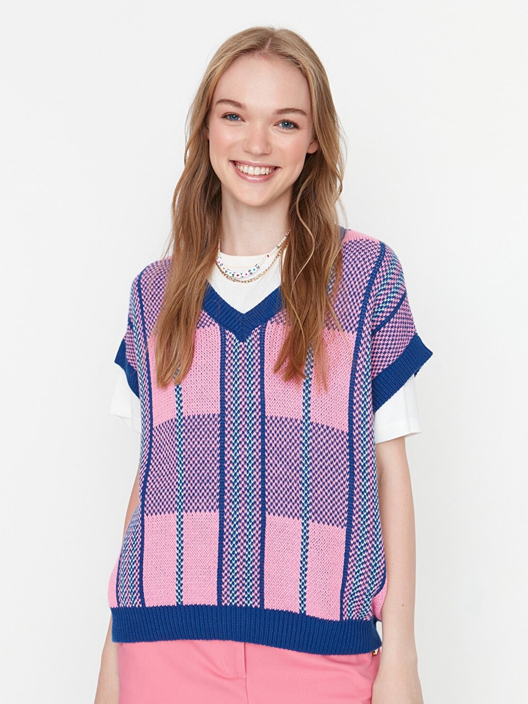 

Trendyol Women Blue & Pink Checked Pullover