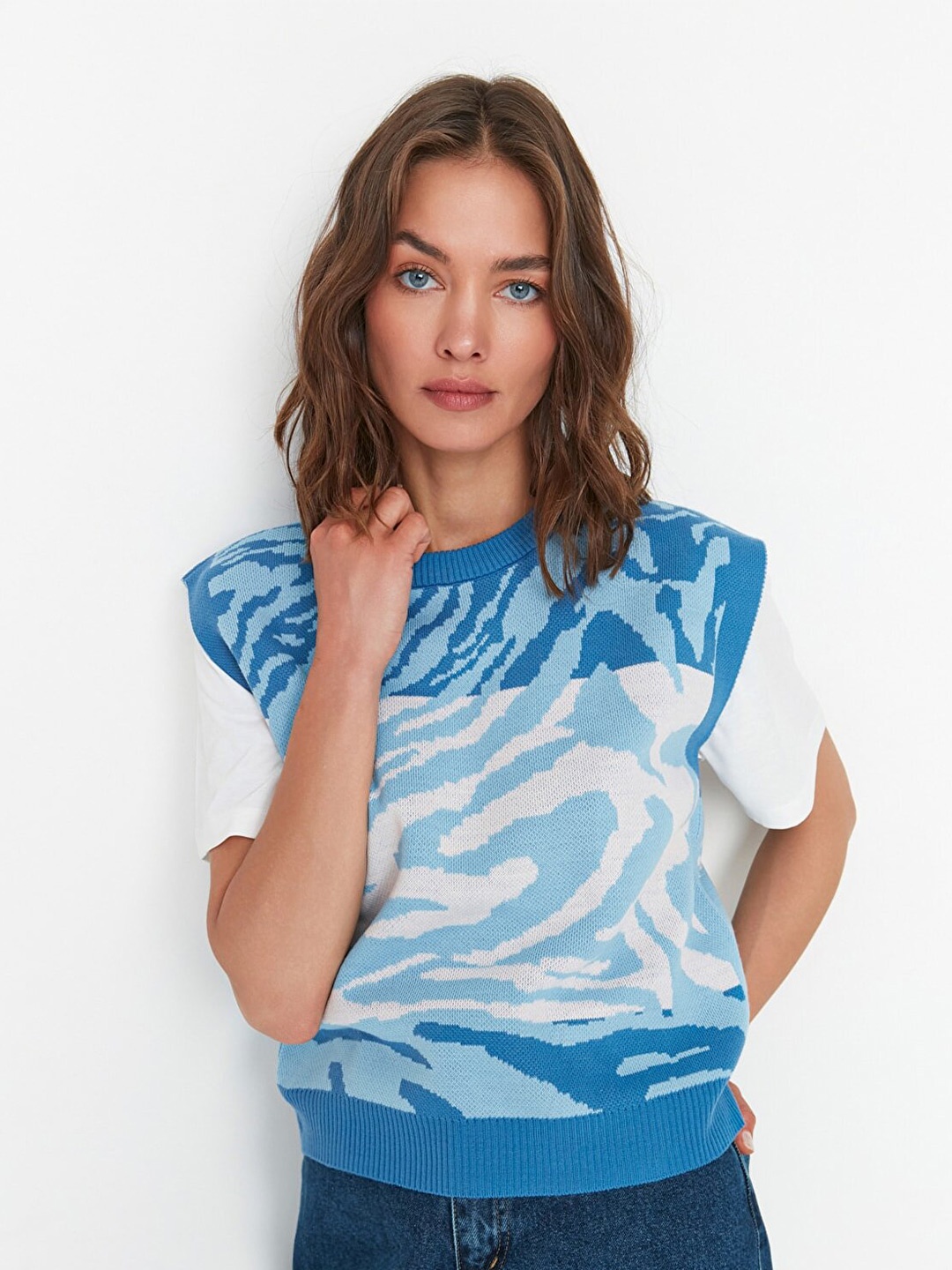 

Trendyol Women Blue & White Printed Sweater Vest