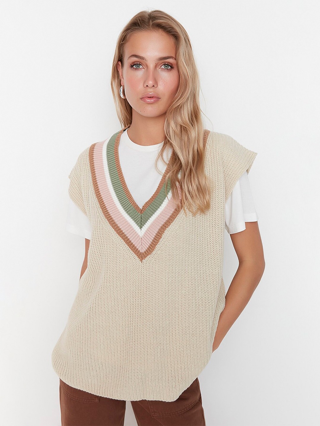 

Trendyol Women Beige & Brown Ribbed Longline Acrylic Sweater Vest