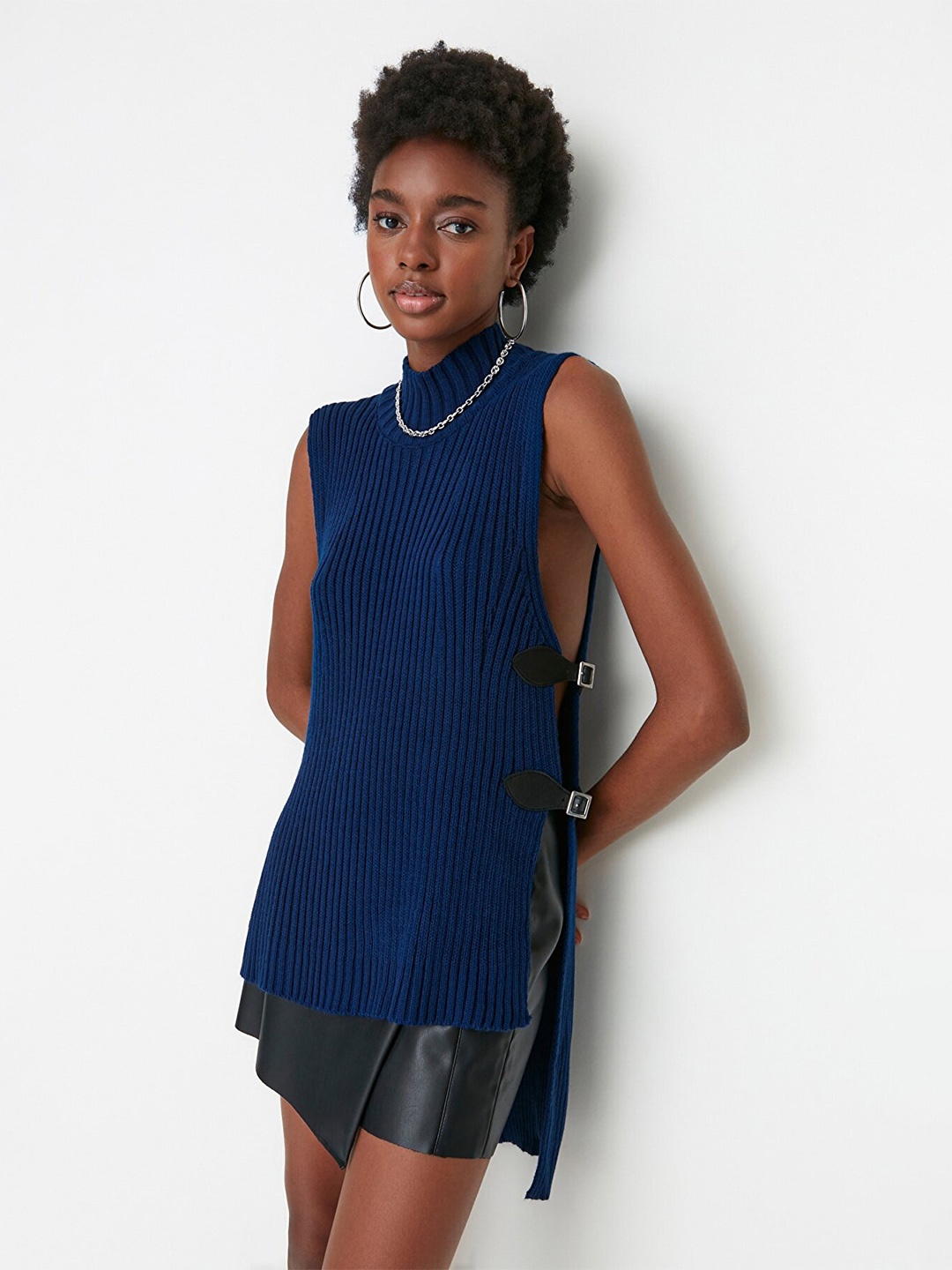 

Trendyol Women Navy Blue Longline Pullover with Belted Detail