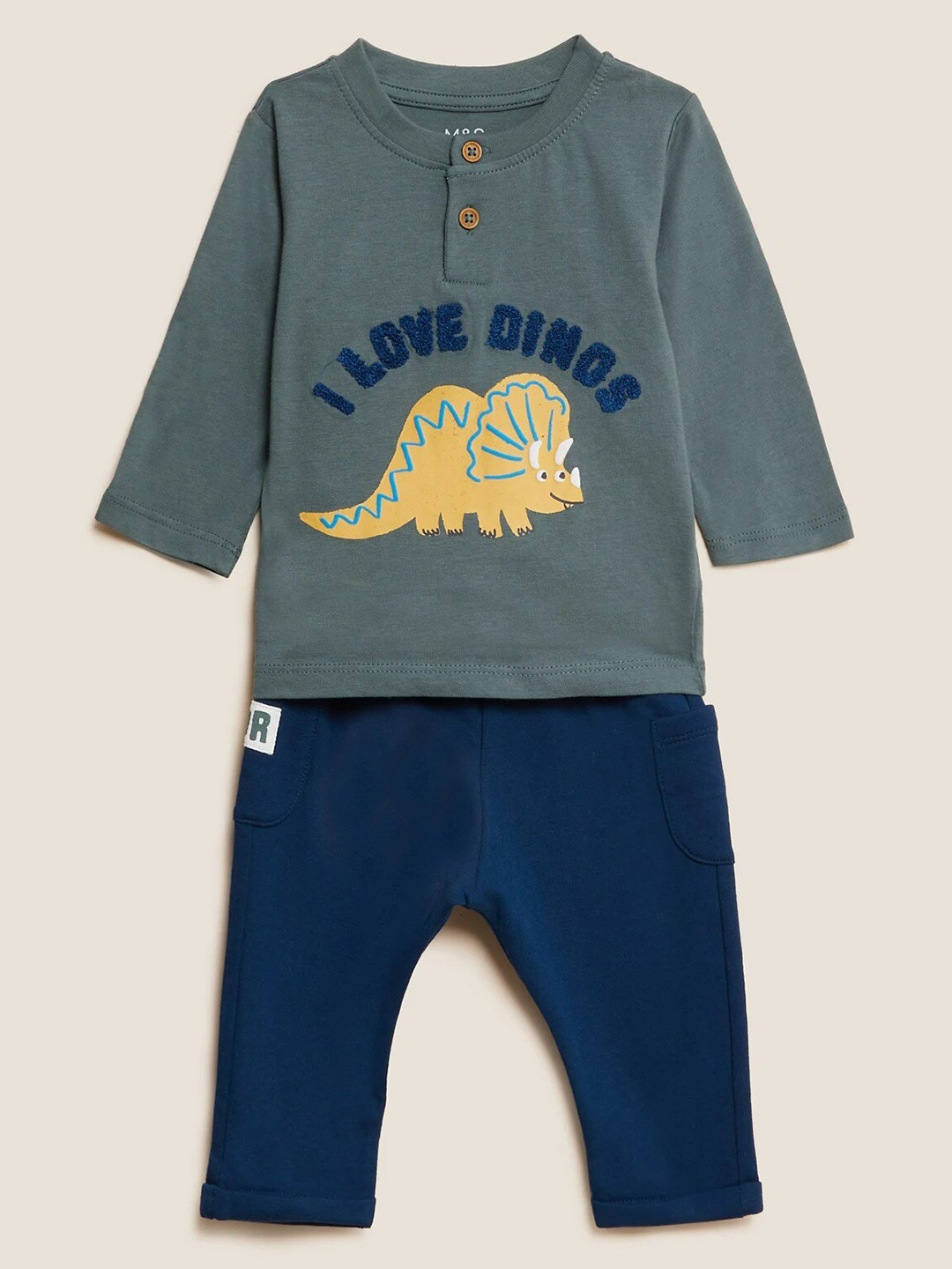 

Marks & Spencer Boys Green & Navy Blue Printed T-shirt with Pyjamas