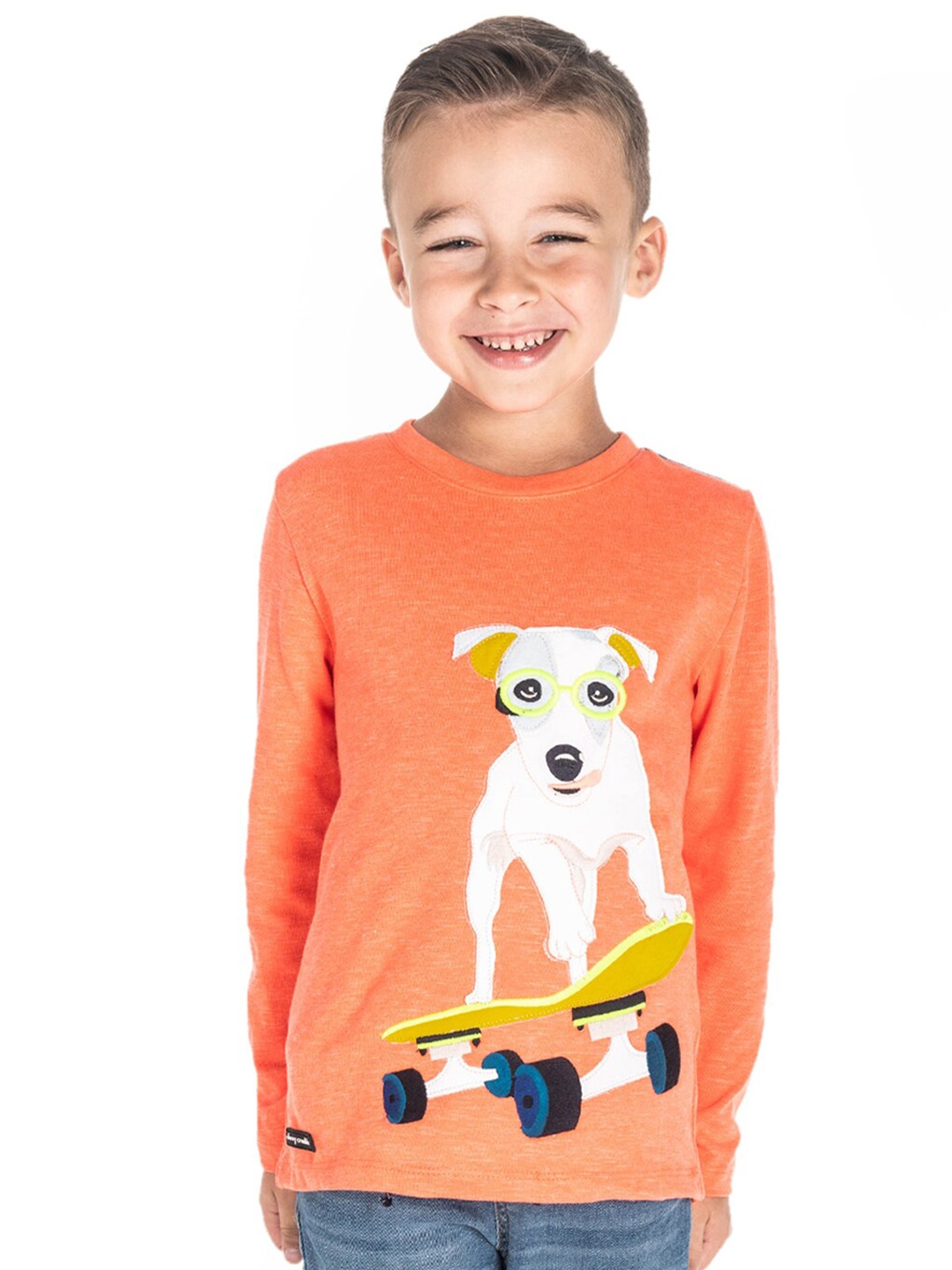 

Cherry Crumble Boys Orange Printed Cotton T-shirt