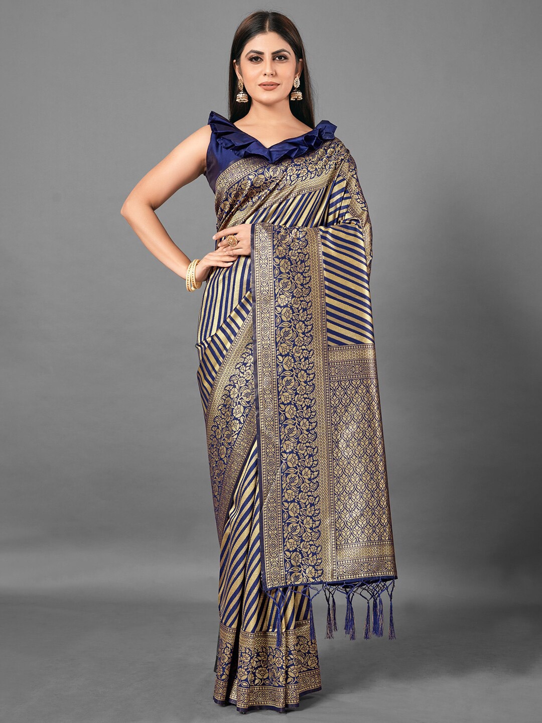 

Mitera Navy Blue & Gold-Toned Woven Design Zari Silk Blend Banarasi Saree