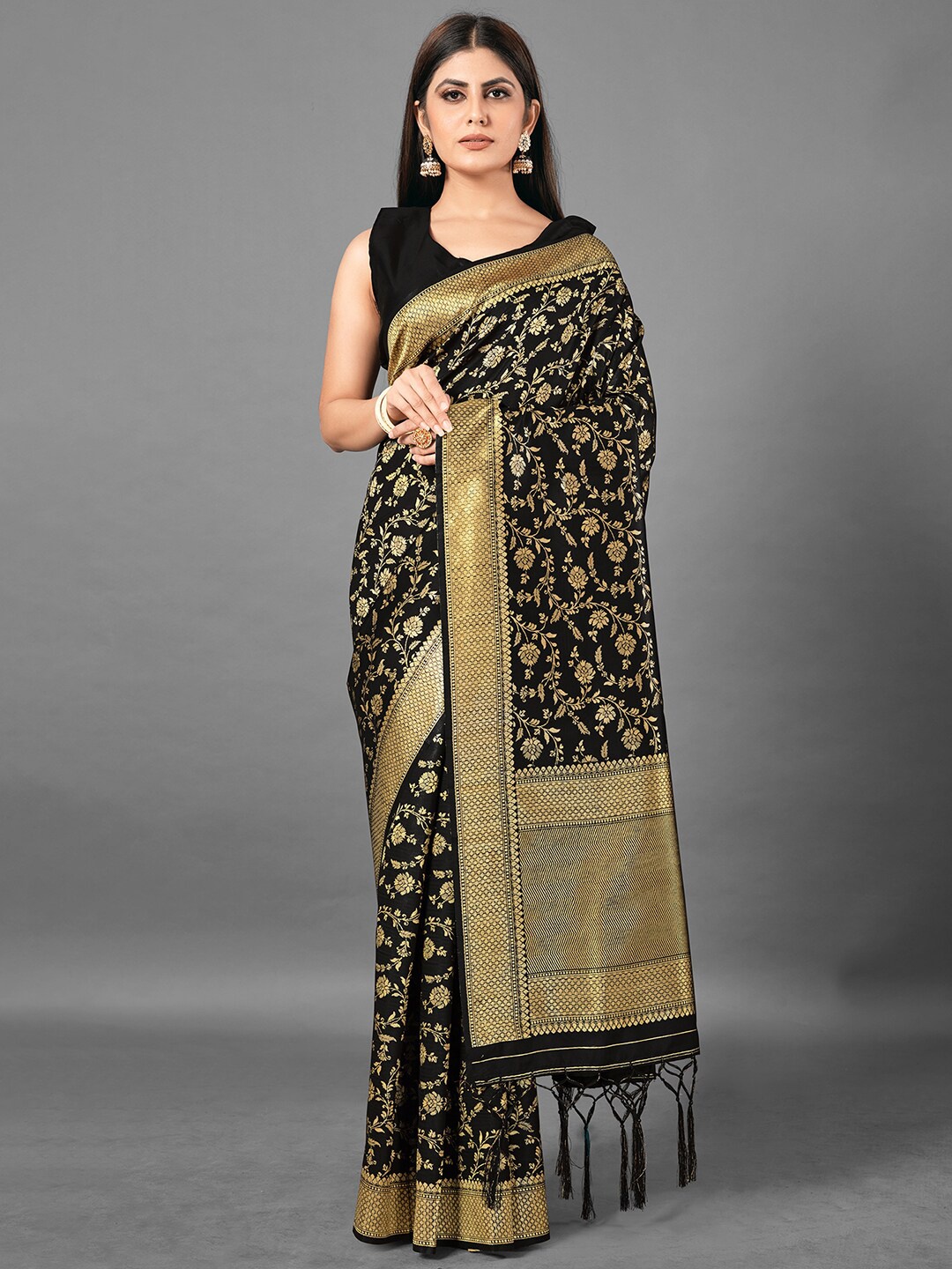 

Mitera Black & Gold-Toned Woven Design Zari Silk Blend Banarasi Saree