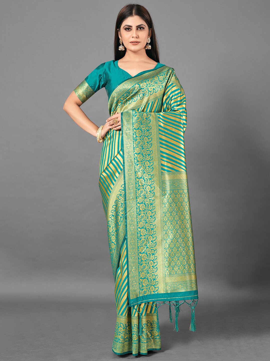 

Mitera Sea Green & Gold-Toned Striped Zari Silk Blend Banarasi Saree