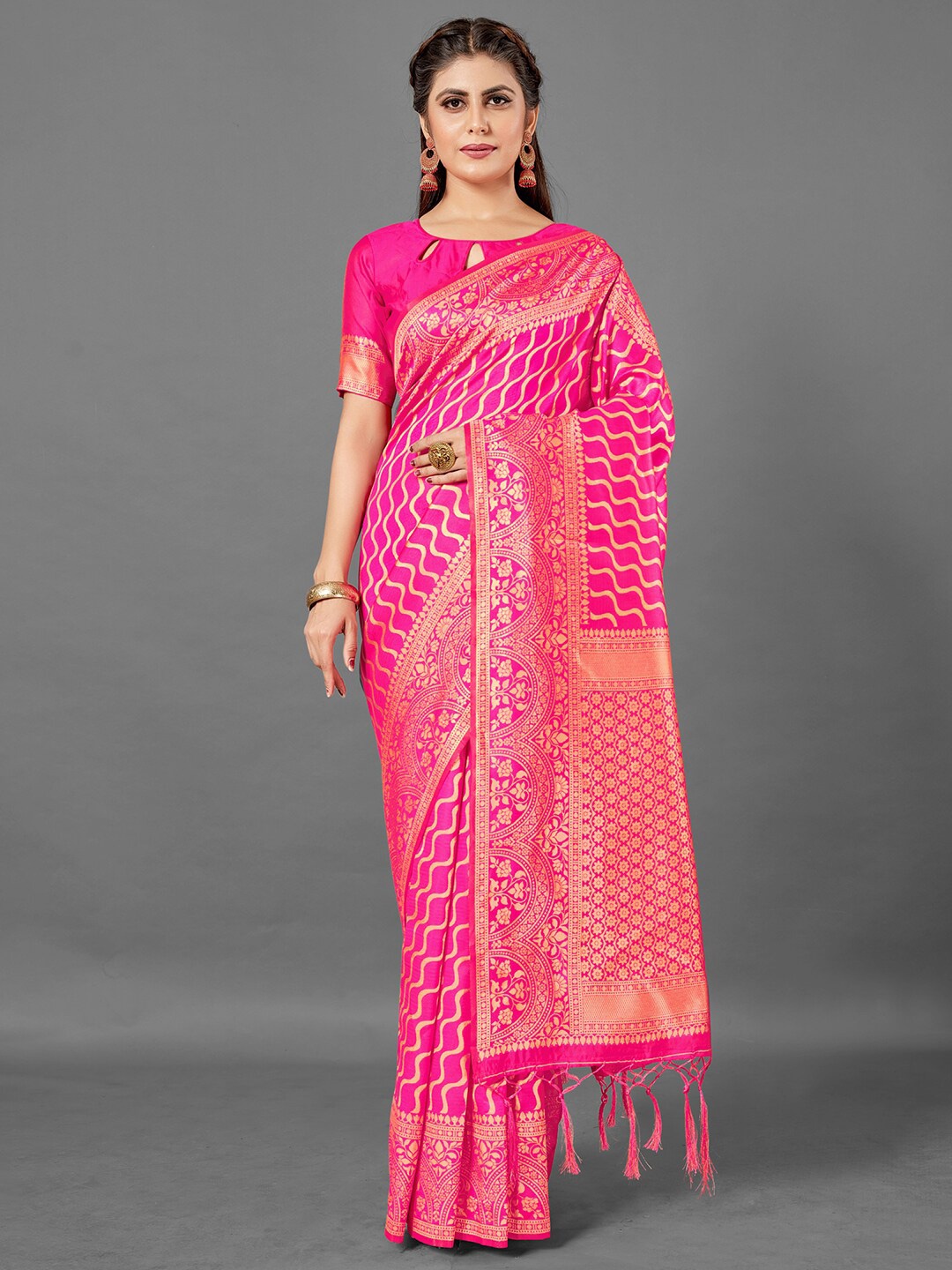 

Mitera Pink & Gold-Toned Woven Design Silk Blend Banarasi Saree