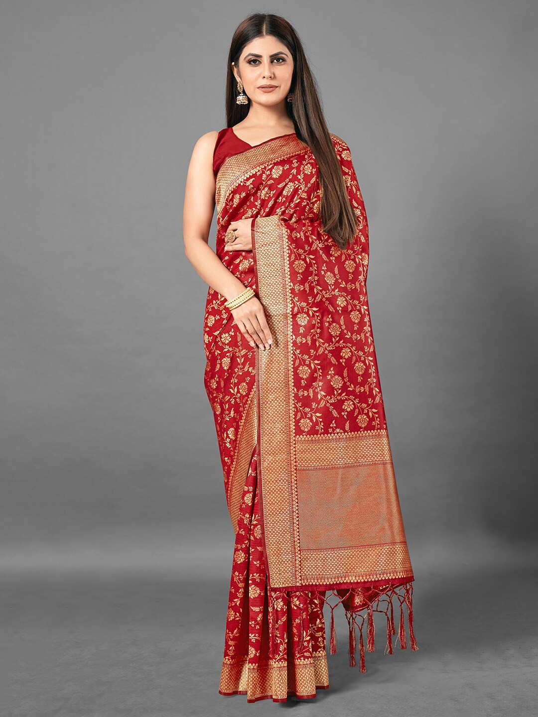 

Mitera Maroon & Gold-Toned Ethnic Motifs Zari Silk Blend Banarasi Saree