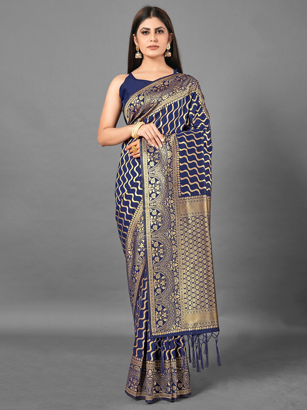 

Mitera Navy Blue & Gold-Toned Striped Zari Silk Blend Banarasi Saree