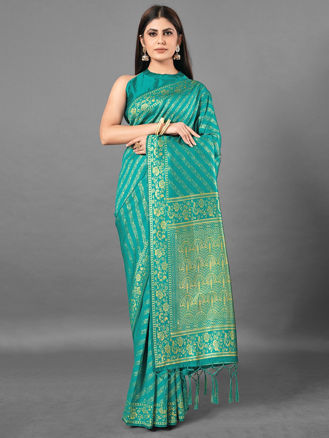 

Mitera Sea Green & Gold-Toned Woven Design Zari Silk Blend Banarasi Saree