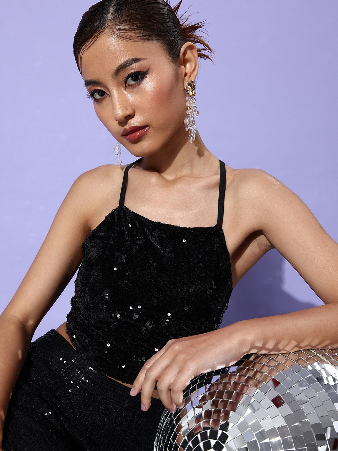 

Moda Rapido Embellished Styled Back Crop Top, Black