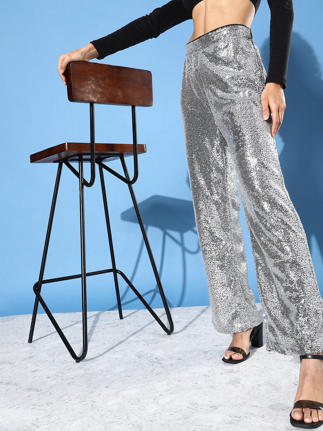 

Moda Rapido Women Silver-Toned Embellished Party Lity Metallic Sheen Velvet Trousers