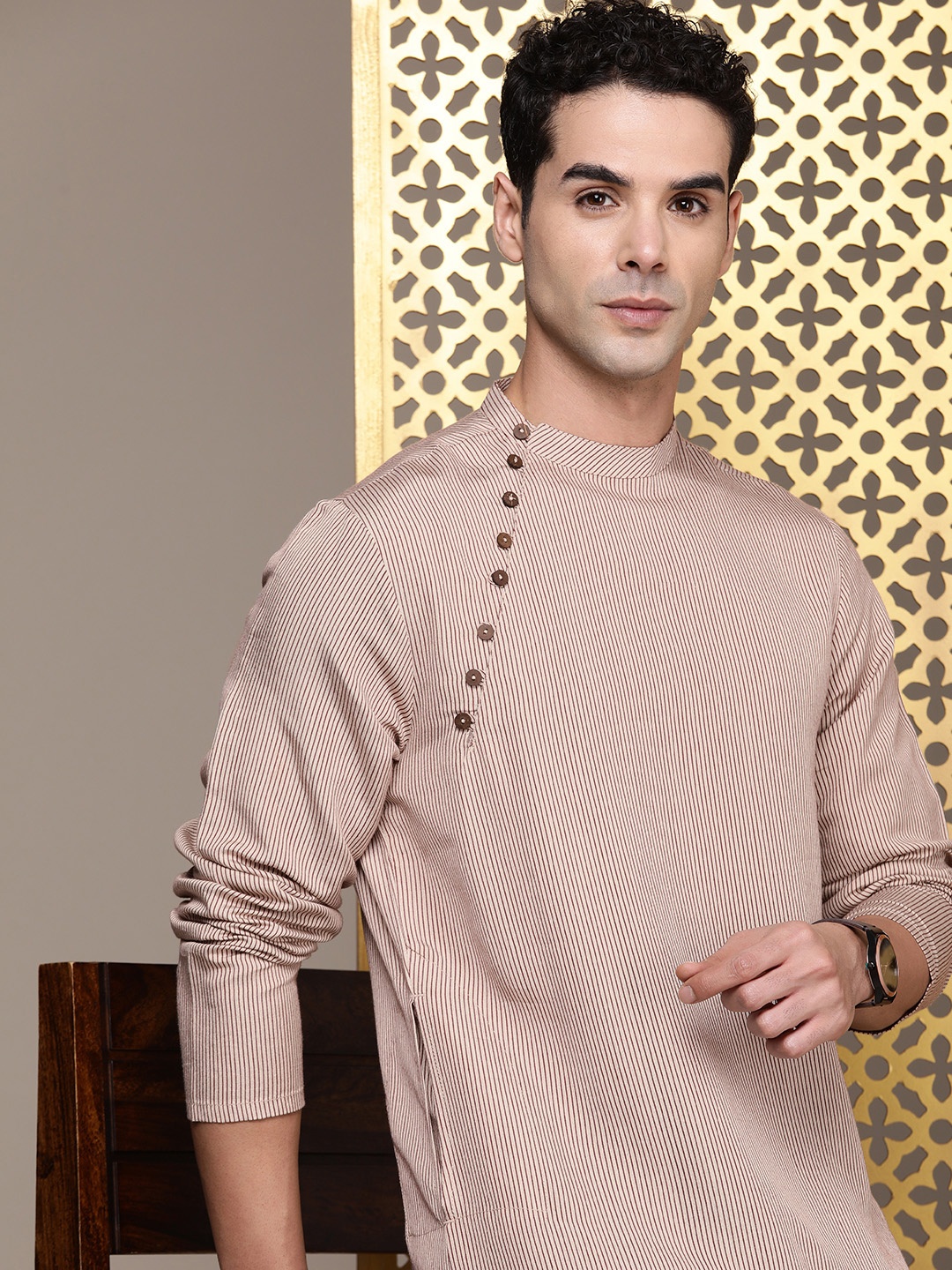 

House of Pataudi Striped Angrakha Style Jashn Kurta, Beige