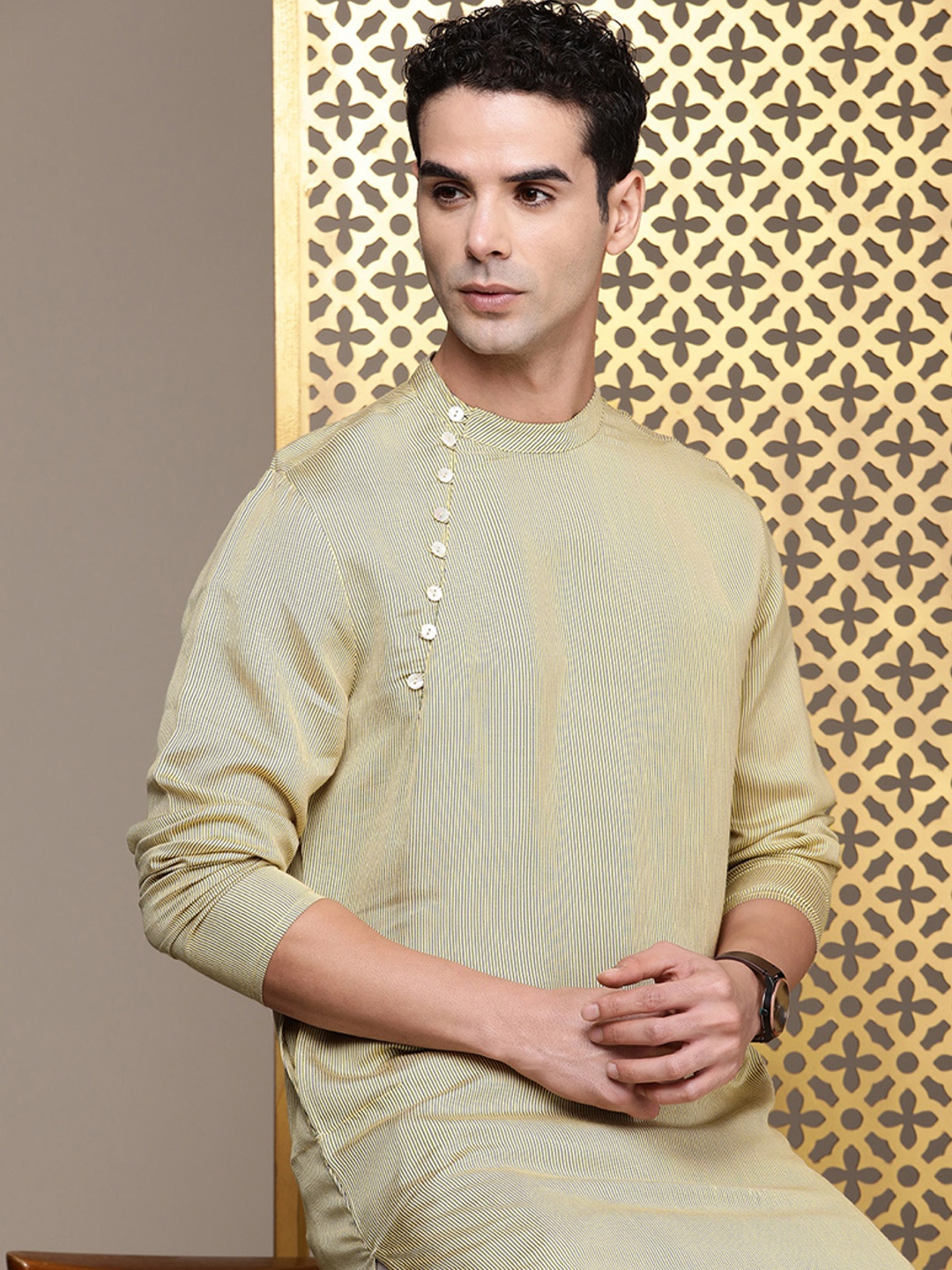 

House of Pataudi Rozana Angrakha Striped Kurta, Yellow
