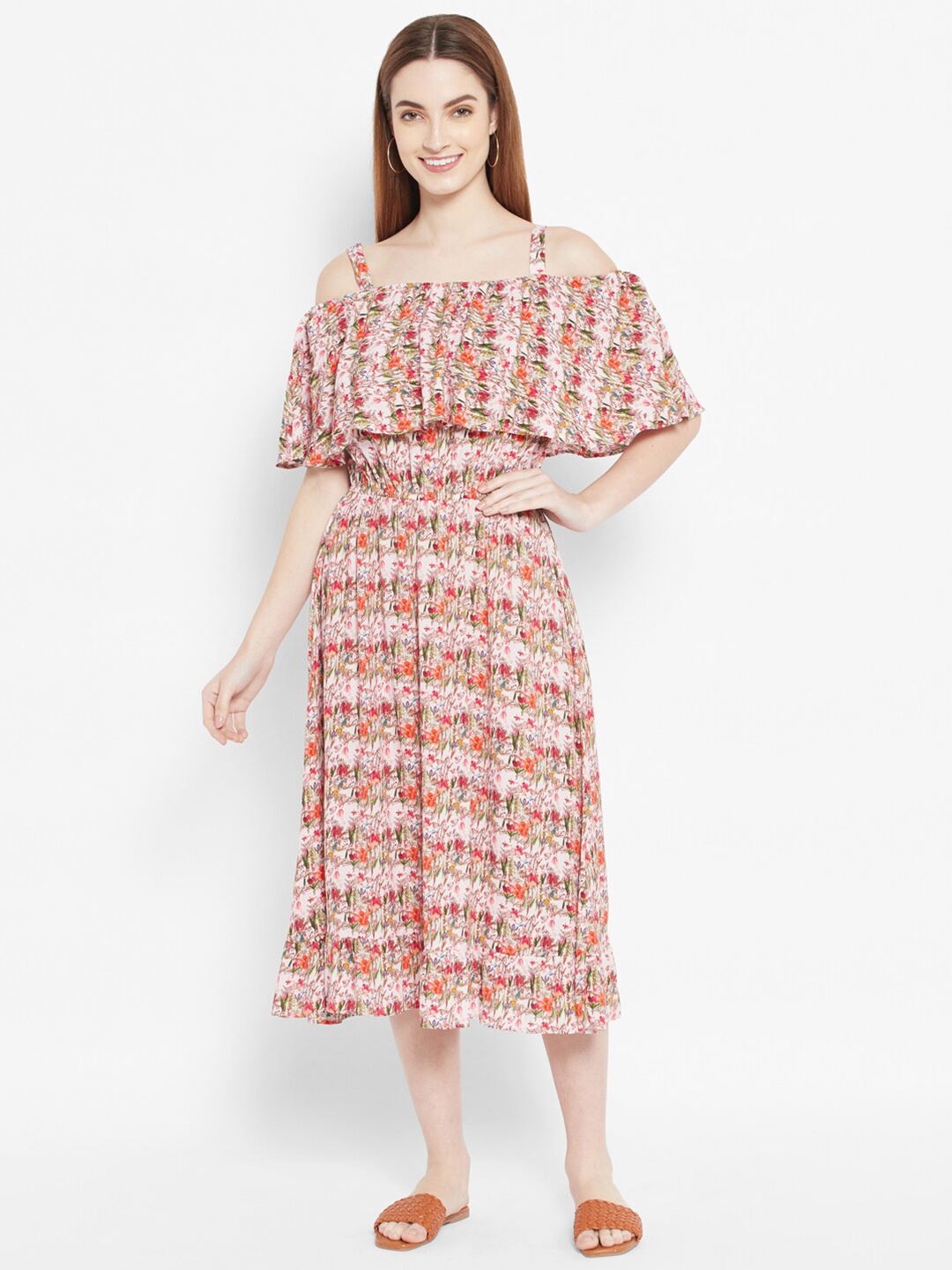 

VALBONE Women Peach-Coloured Floral A-Line Midi Dress