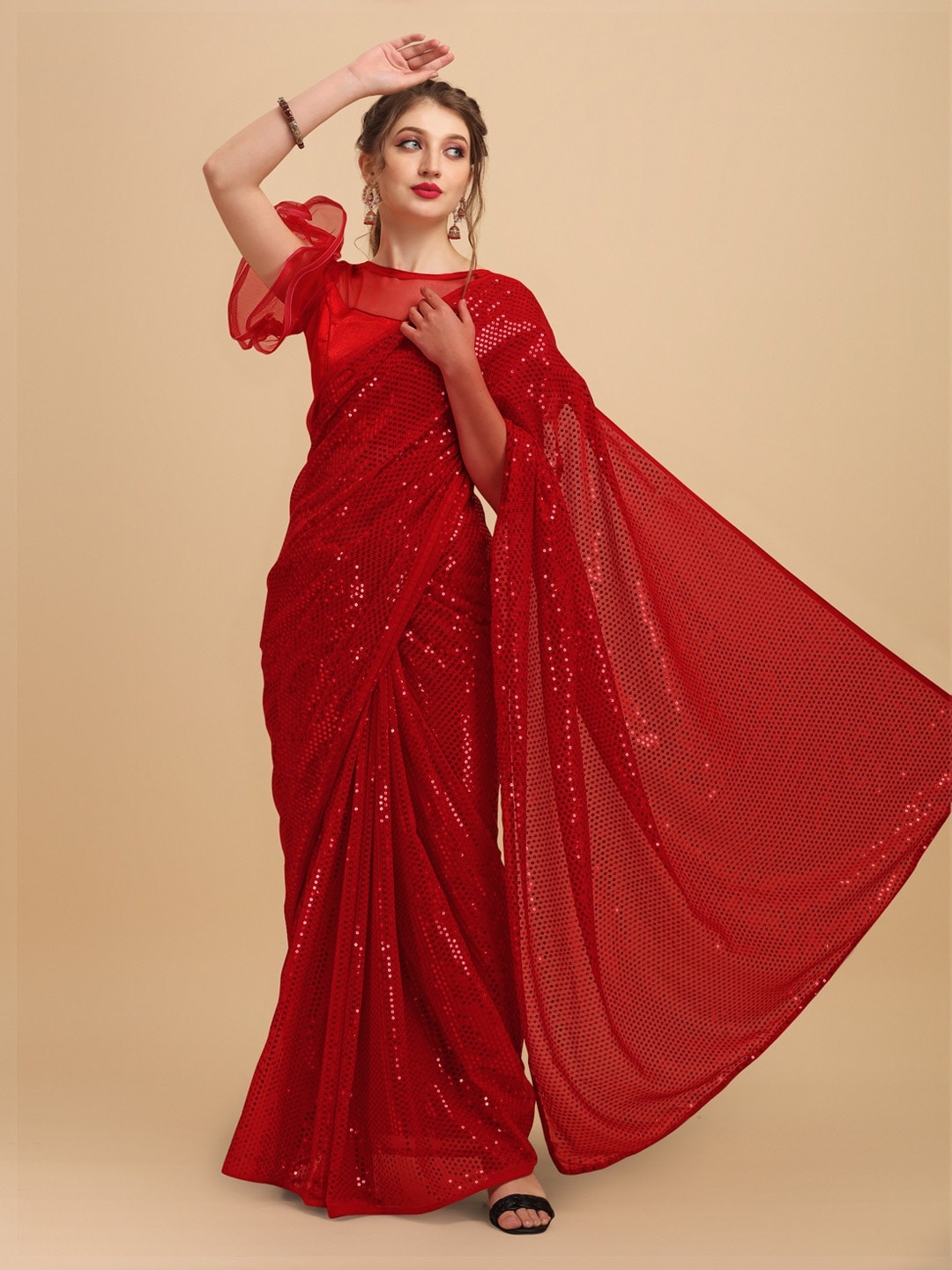 

CLEMIRA Red & Black Sequinned Pure Georgette Half and Half Saree