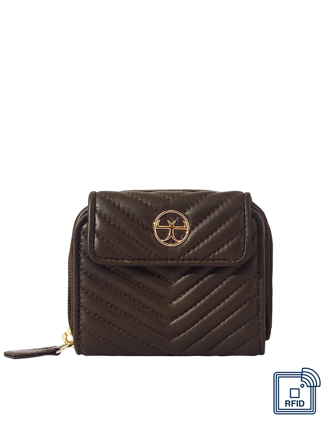 

Eske Women Brown & Gold-Toned Striped Leather Three Fold Wallet