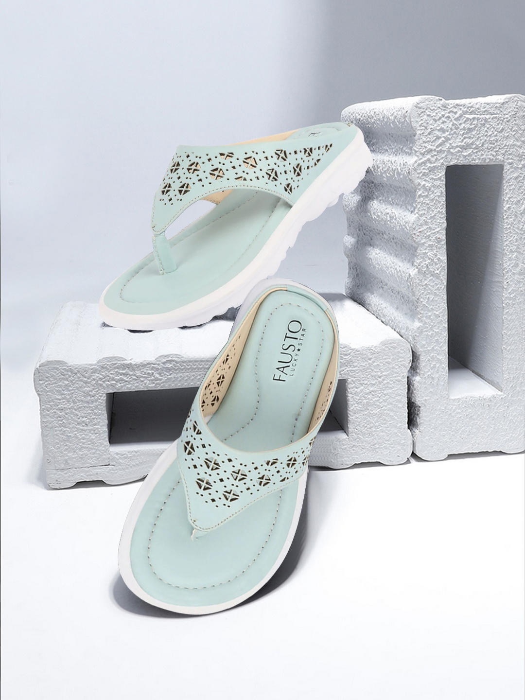 

FAUSTO Women Blue Open Toe Flats with Laser Cuts