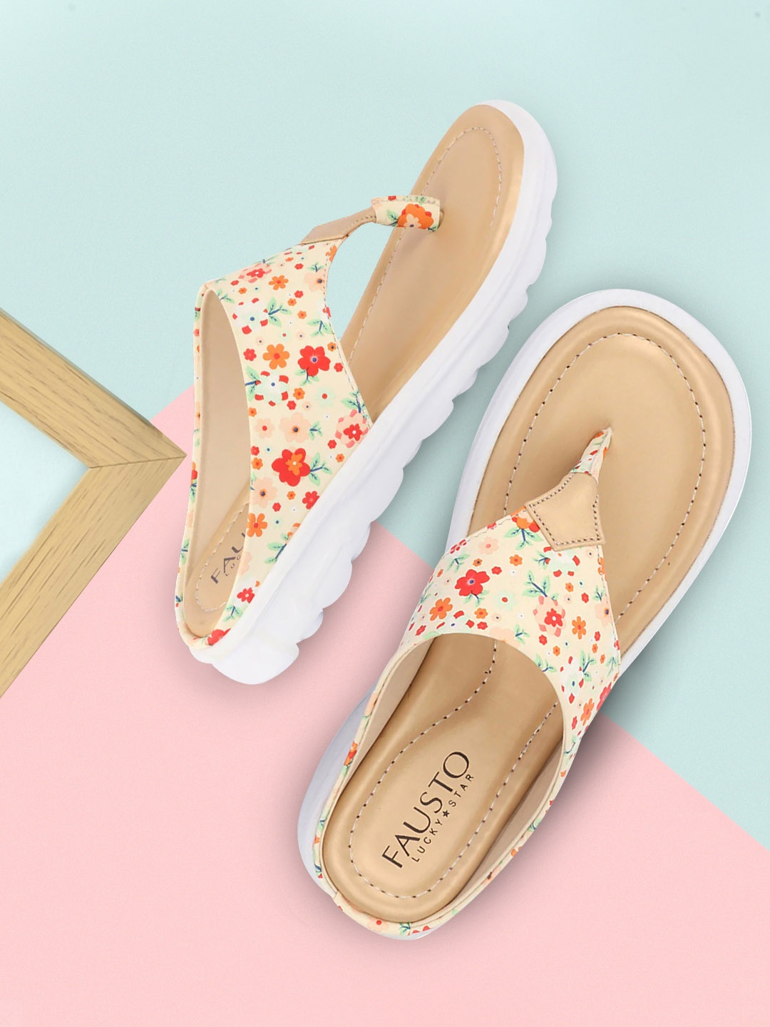 

FAUSTO Women Beige Printed Open Toe Flats