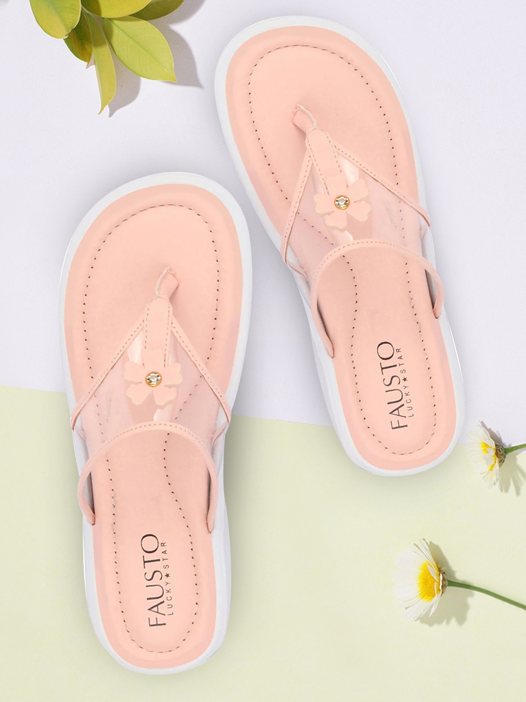 

FAUSTO Women Pink Embellished T-Strap Flats