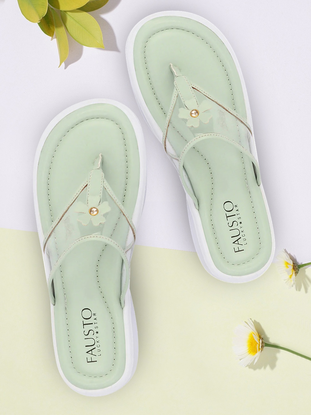 

FAUSTO Women Green Embellished T-Strap Flats