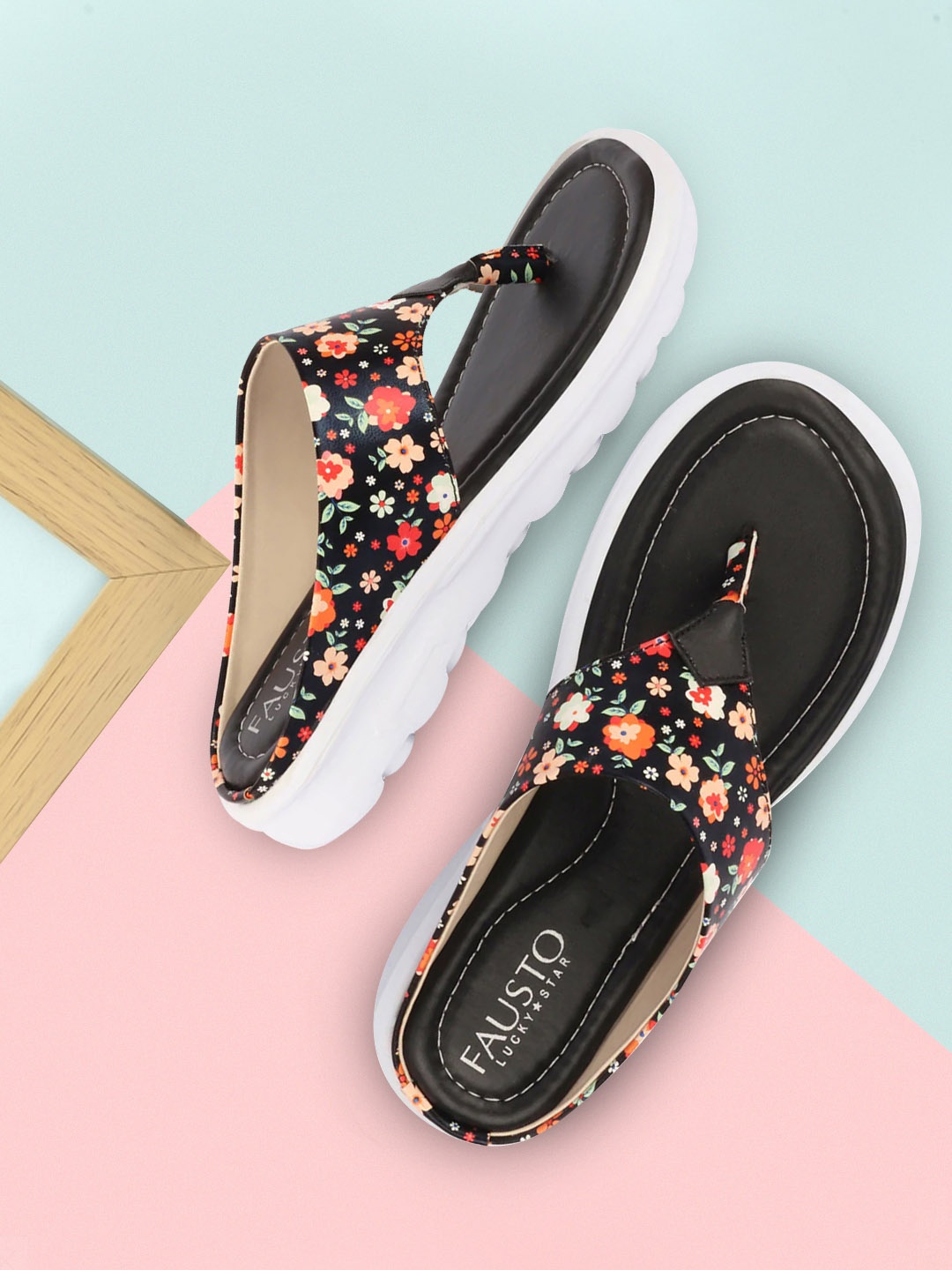 

FAUSTO Women Black Printed Open Toe Flats