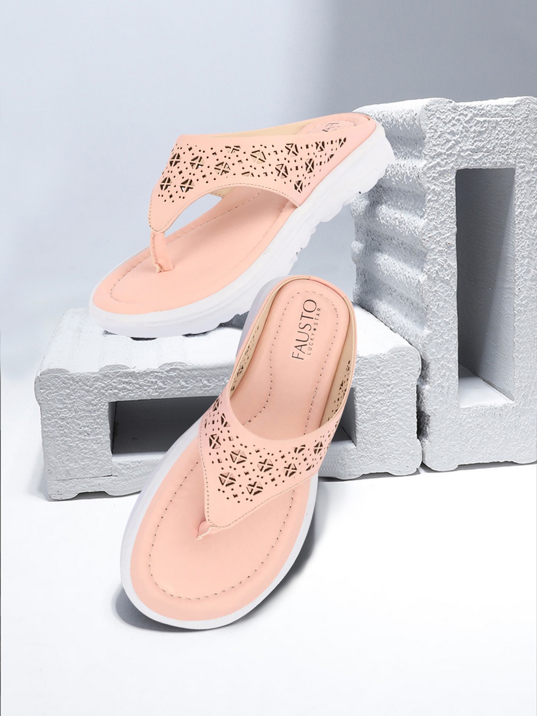 

FAUSTO Women Peach Textured Laser Cut Open Toe Flats