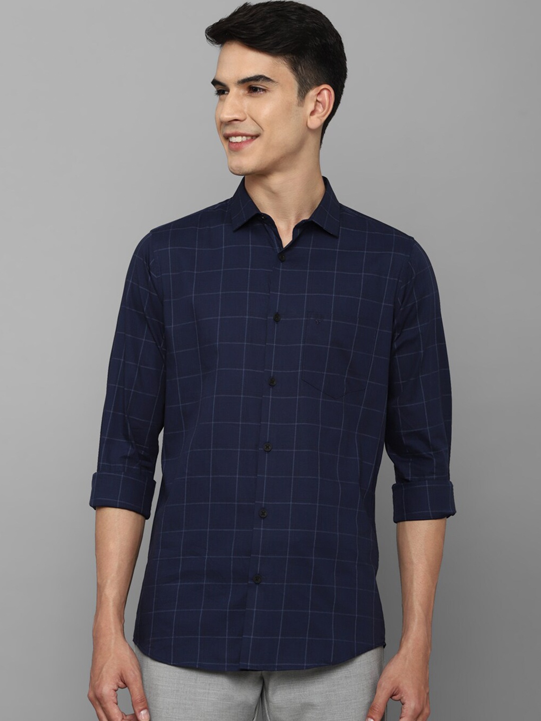 

Allen Solly Men Navy Blue Slim Fit Windowpane Checked Casual Cotton Shirt