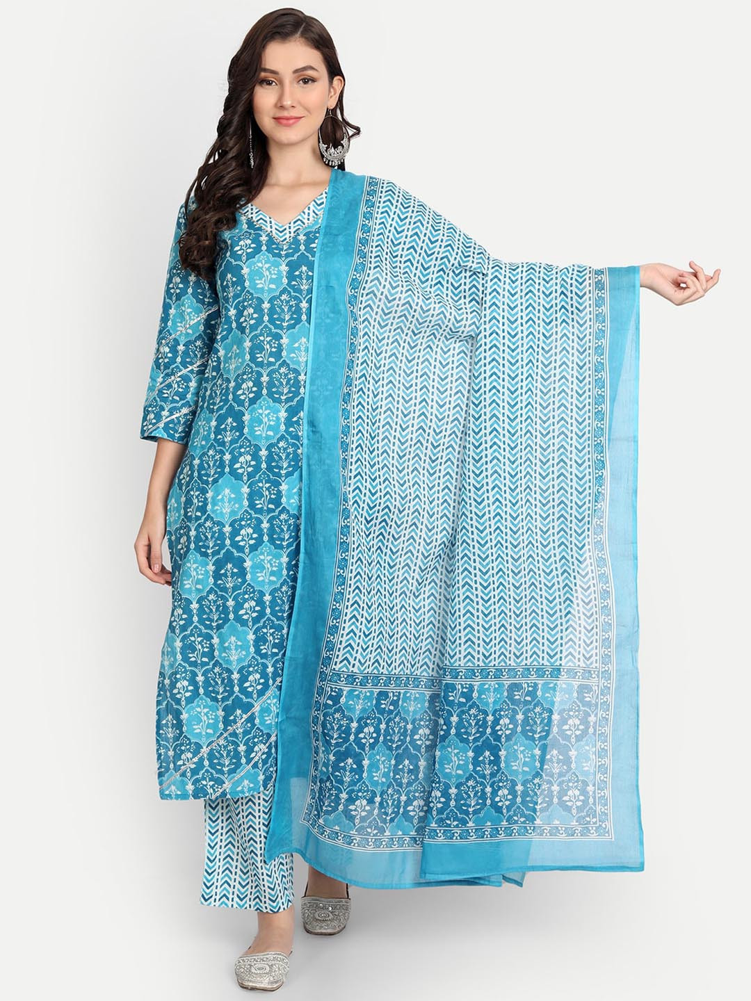 

Haute and Humble Pure Cotton Floral Printed Kurta with Trousers & Dupatta, Blue