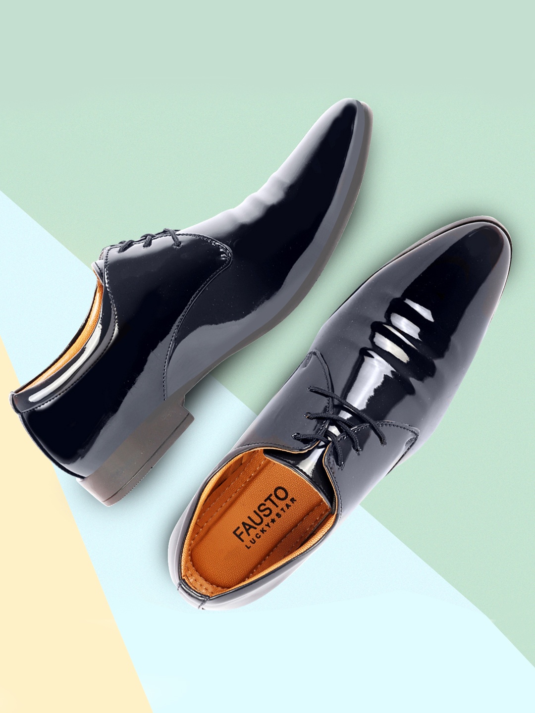 

FAUSTO Men Blue Solid Patent Leather Oxfords Shoes