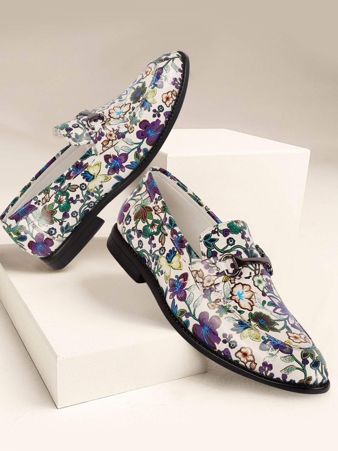 FAUSTO Men White Floral Printed Horsebit Buckle PU Loafers