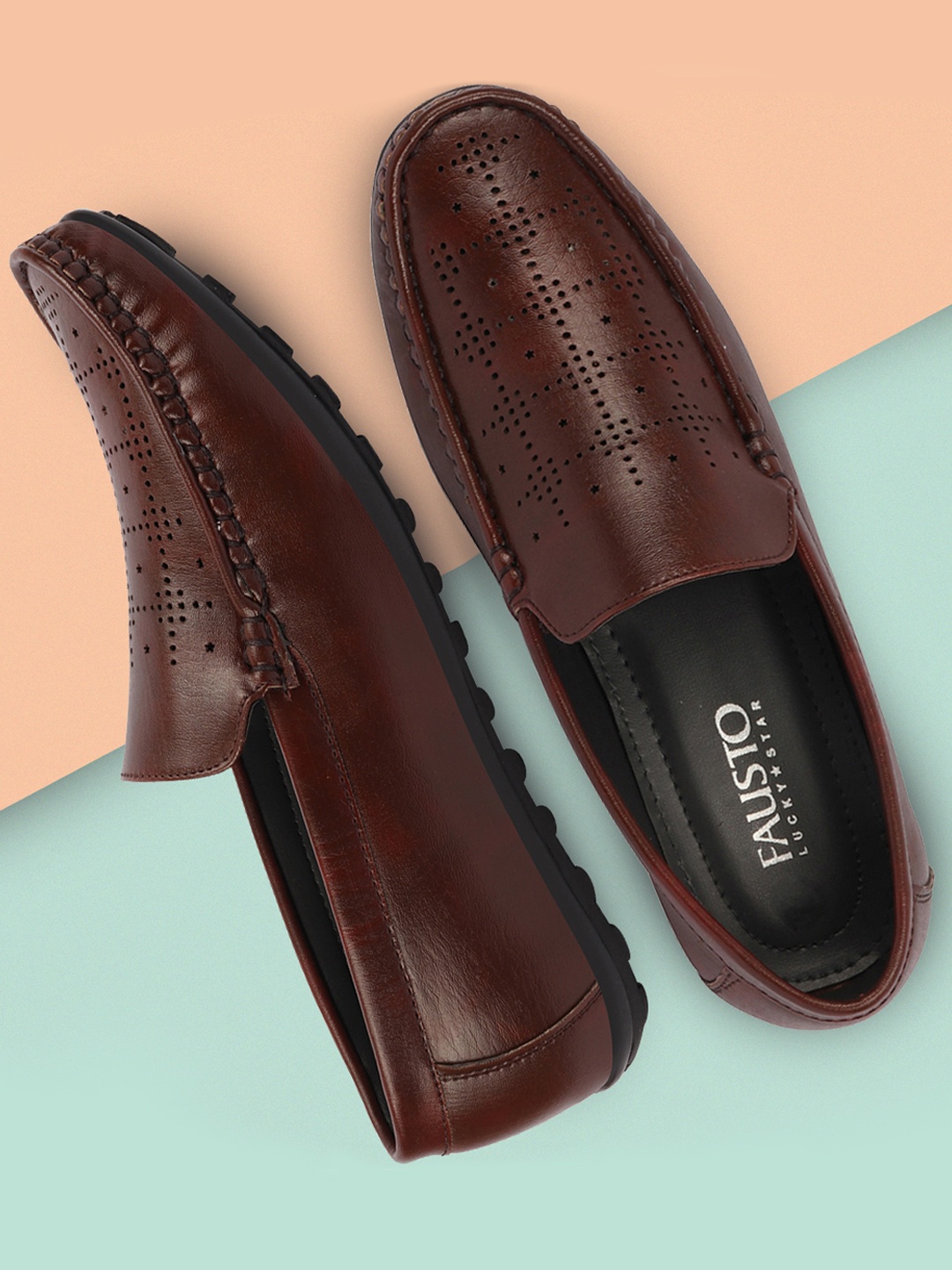 

FAUSTO Men Brown PU Lightweight Laser Cut Slip On Sneakers