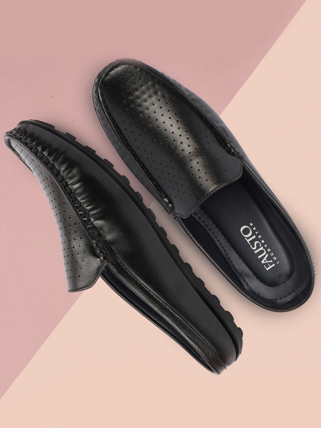 

FAUSTO Men Black Perforations Back Open Loafers