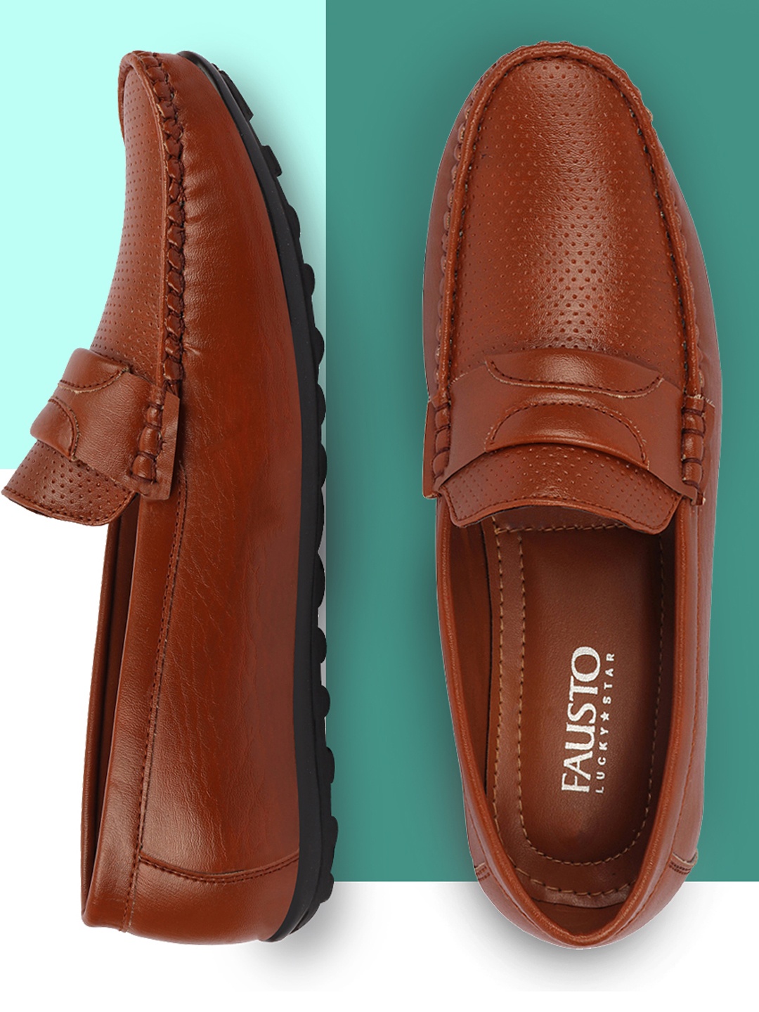 

FAUSTO Men Tan Perforations PU Slip On Loafers
