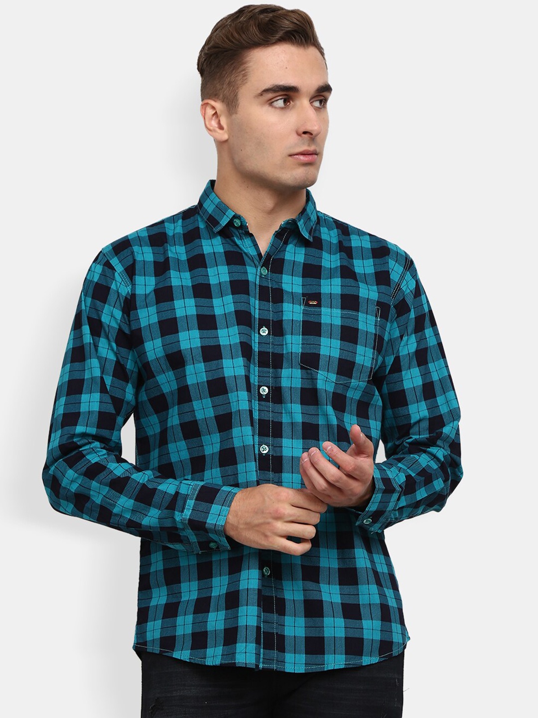 

V-Mart Men Sea Green Buffalo Checks Checked Cotton Casual Shirt