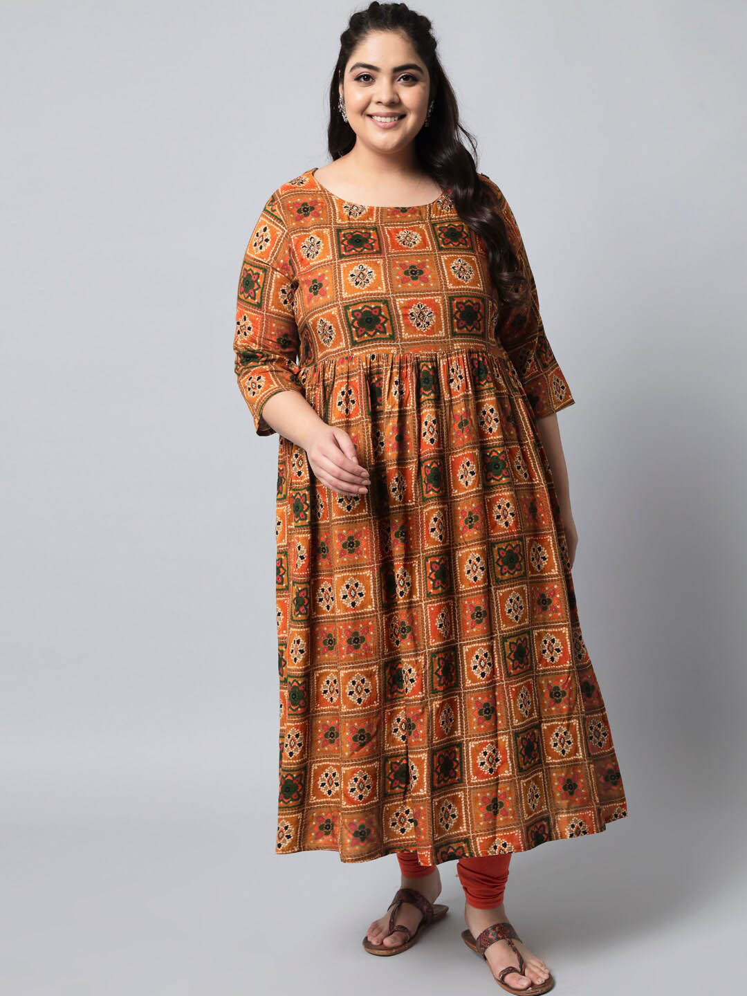 

Spera Women Plus Size Mustard Yellow Geometric Printed A-Line Kurta