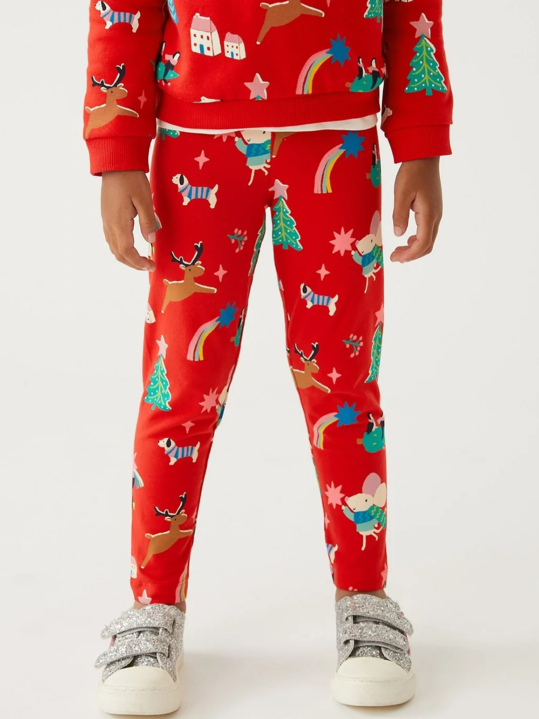 

Marks & Spencer Girls Red Christmas Printed Leggings