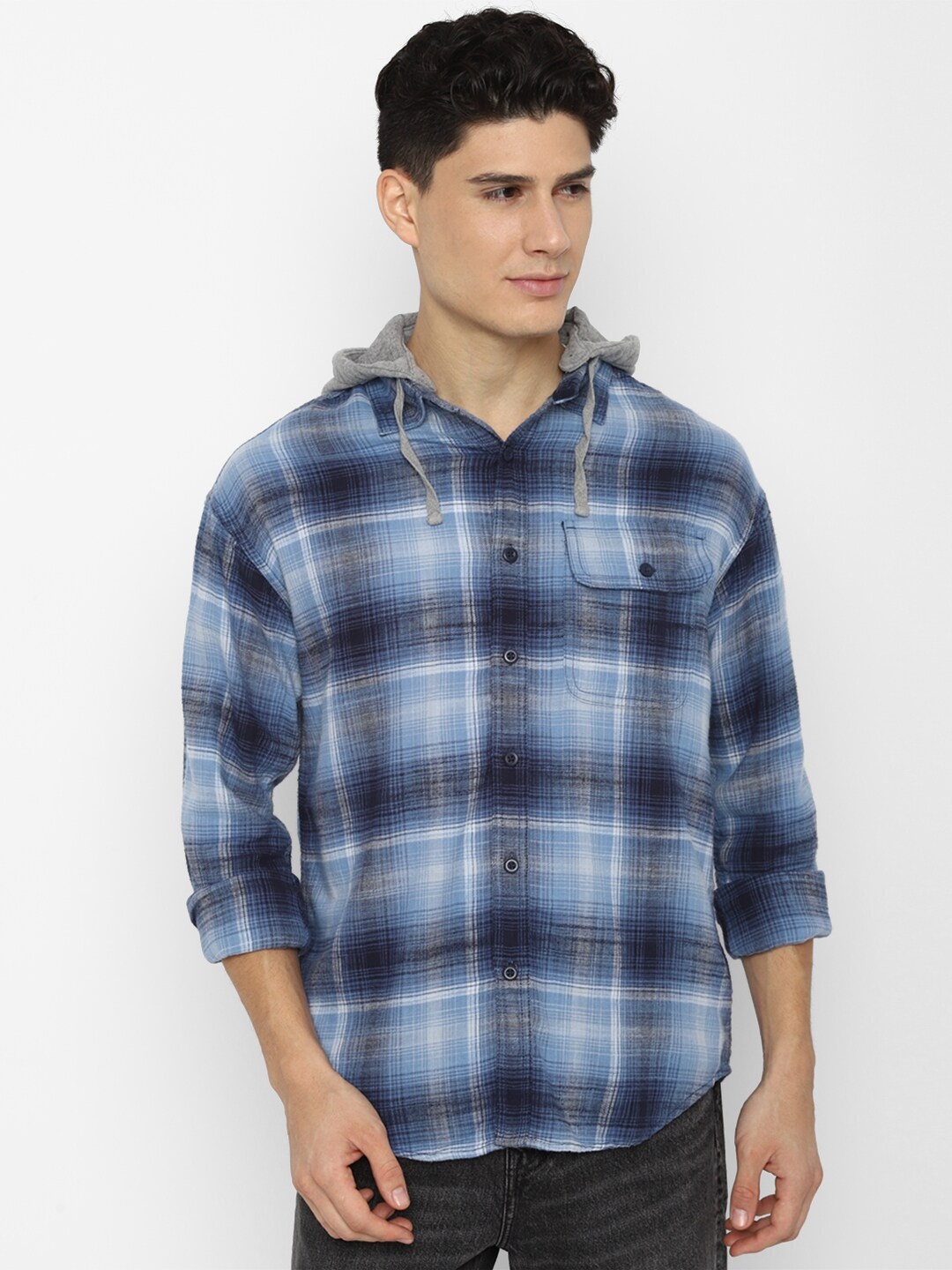 

AMERICAN EAGLE OUTFITTERS Men Blue Tartan Checked Cotton Casual Shirt