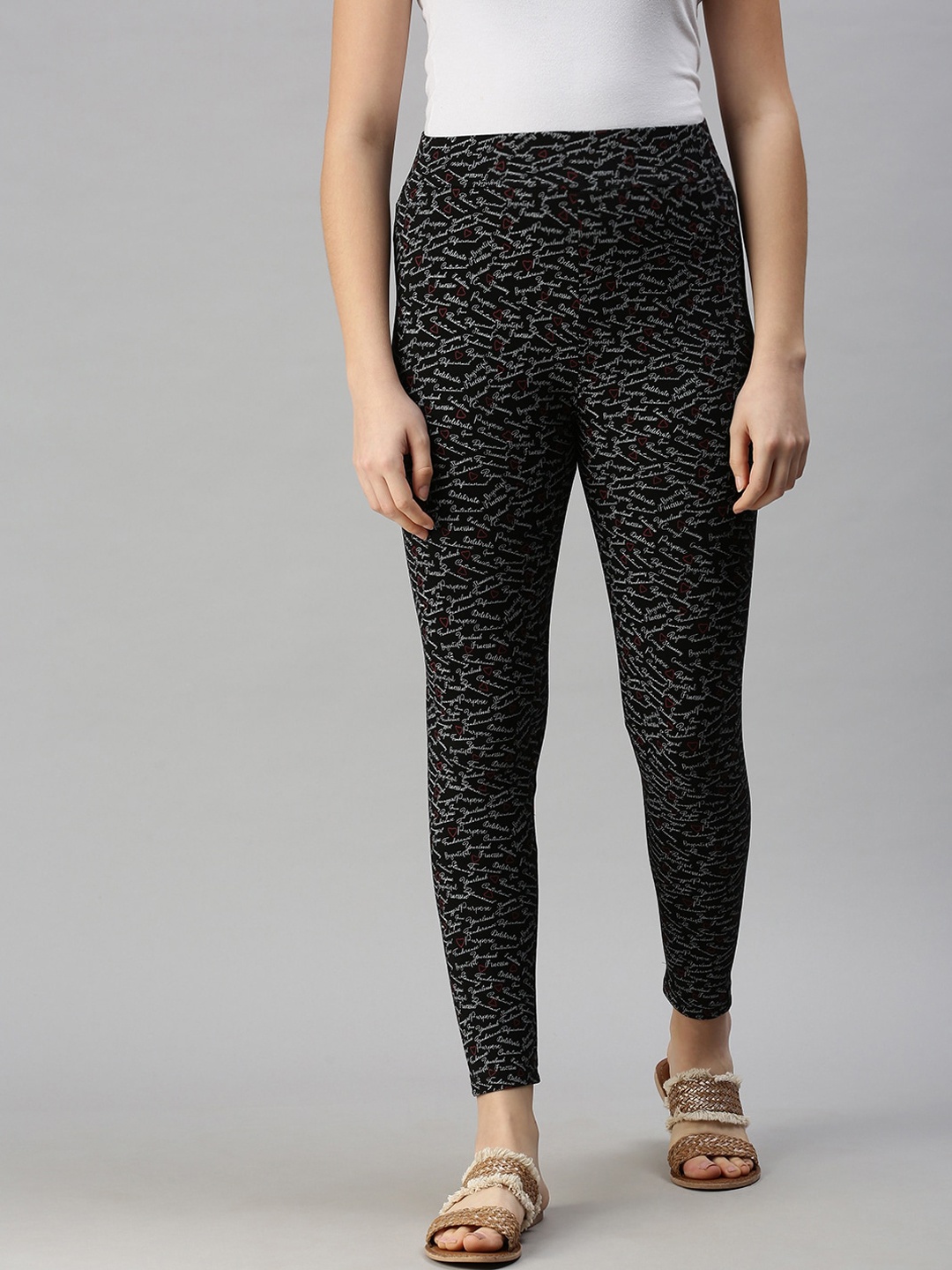 

De Moza Women Black Printed Cotton Ankle Length Leggings