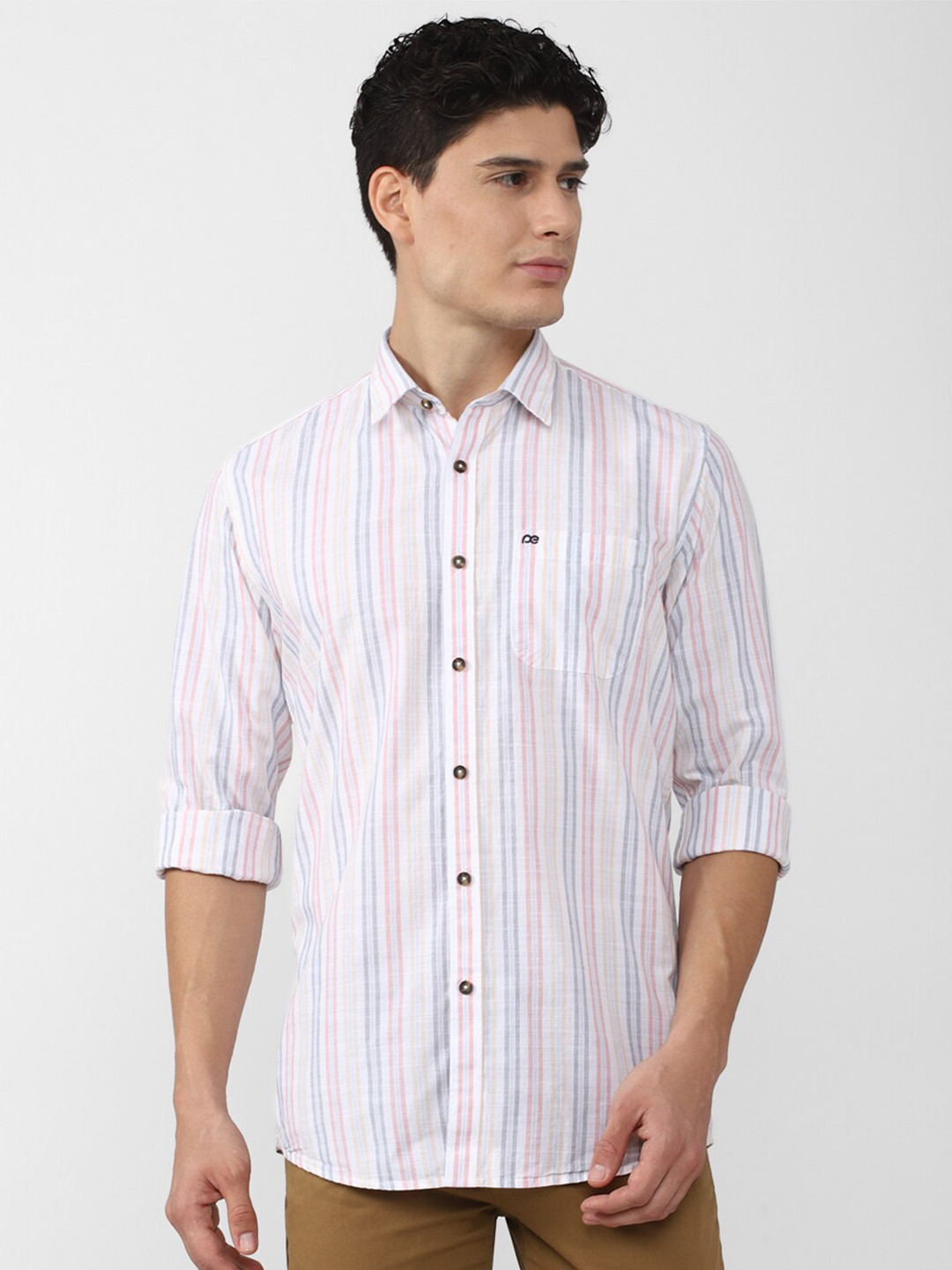 

Peter England Casuals Men White Slim Fit Multi Stripes Striped Cotton Casual Shirt